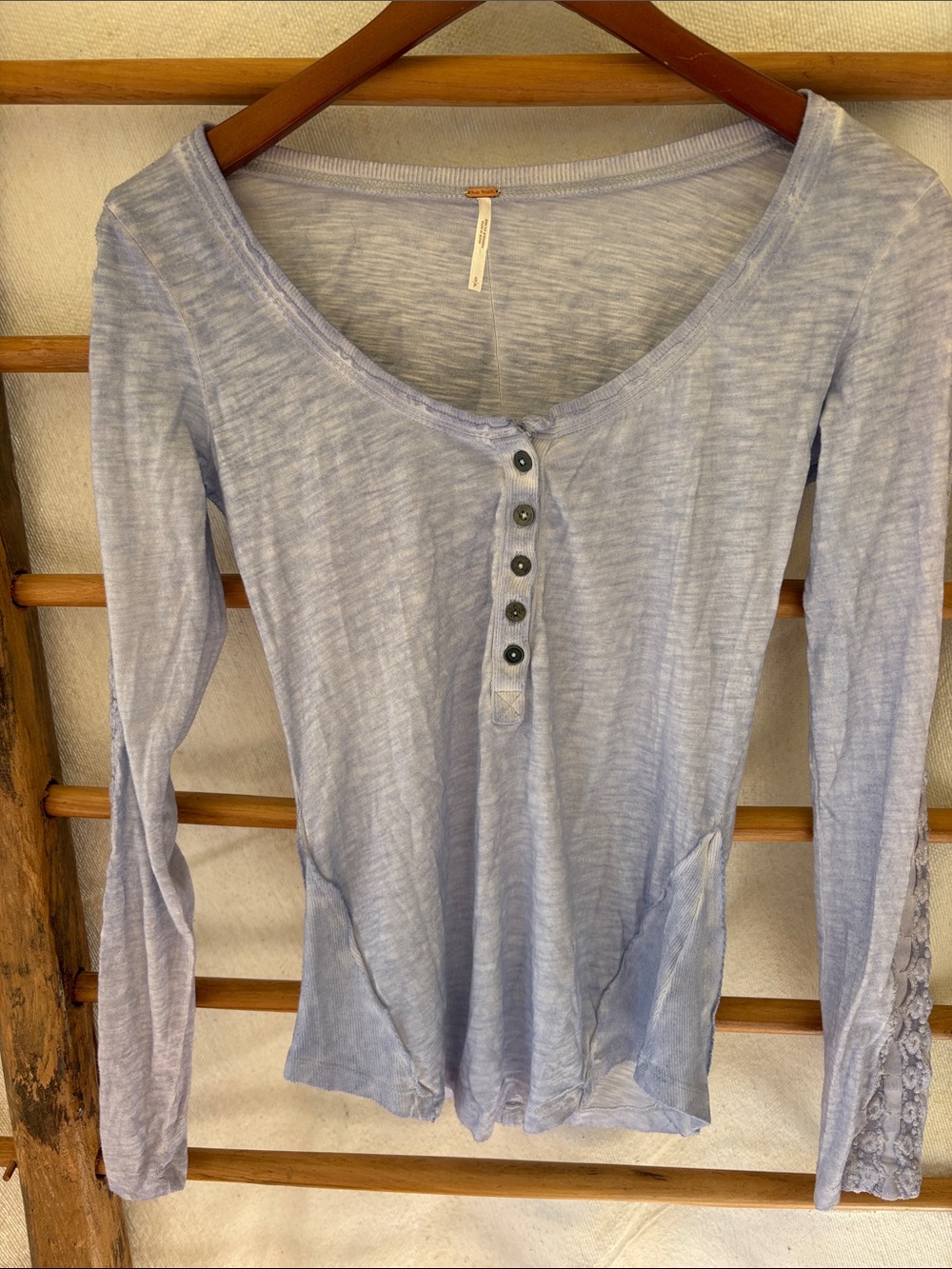 Free People Light Blue Long Sleeve Henley with Lace Sleeve Detail